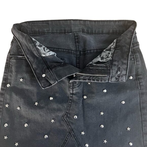 Women’s Black Denim Mini Skirt Star Stud Embellished Raw Frayed Hem Size S - Picture 5 of 10
